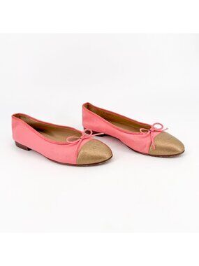 Chanel CC Pink Gold Leather Cap Toe Ballet Flats Shoes Size 39 US 8-8.5 Women's